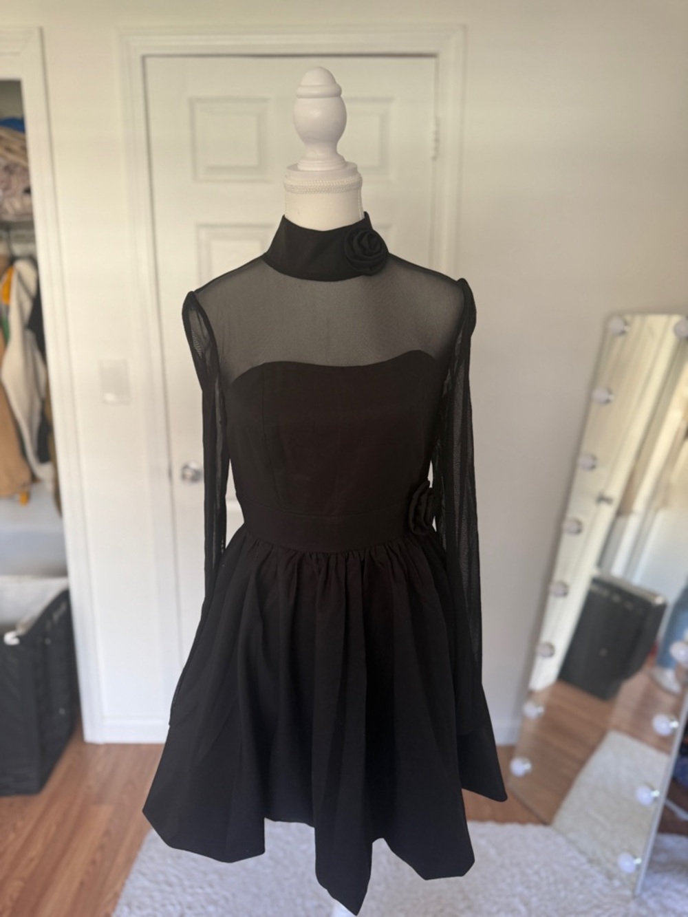 Black Sheer Mesh Long Sleeve Mini Dress High Neck Floral Detail Size S - Picture 2 of 6